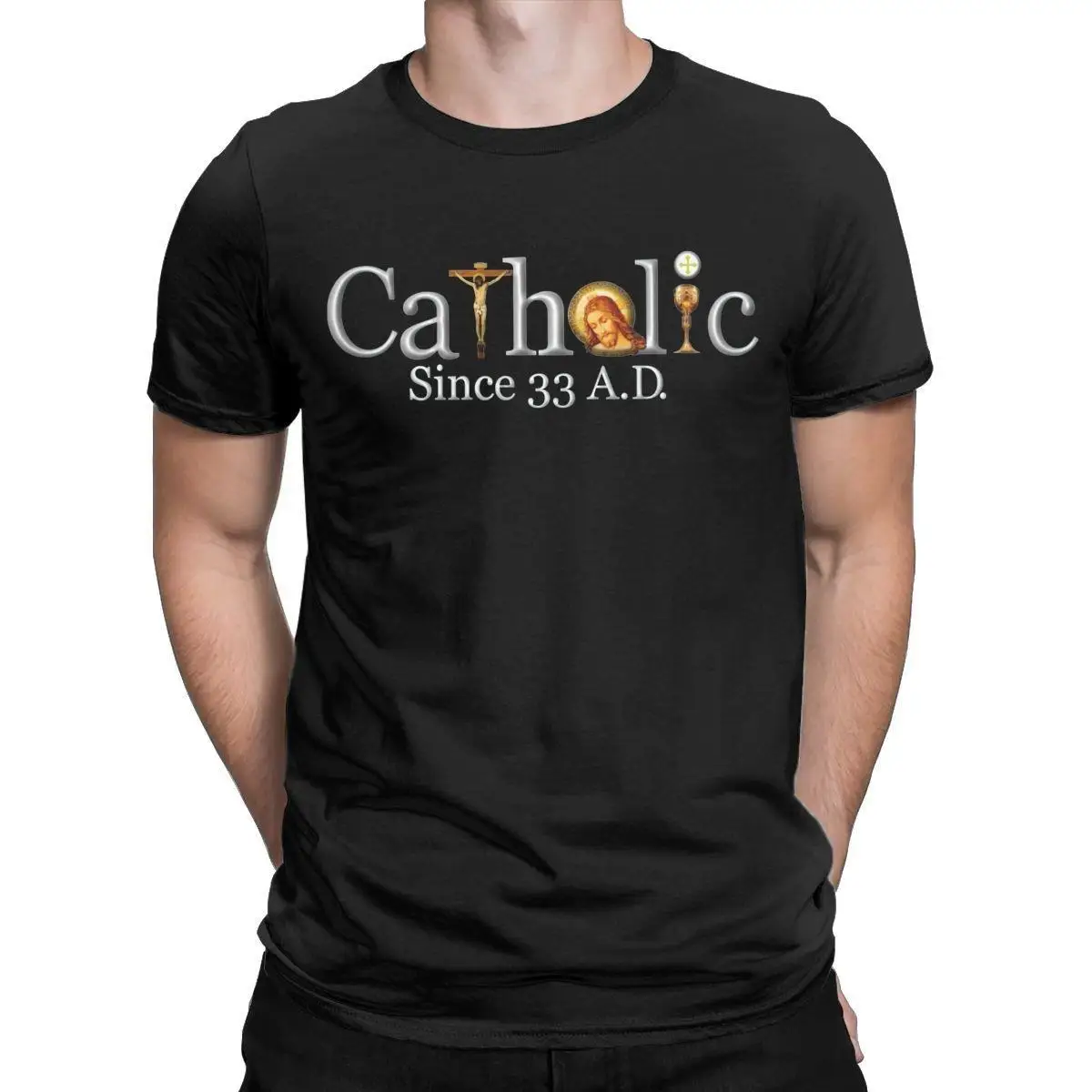 Men Catholic Since Jesus Crucifix Eucharist T Shirt Cotton Clothing Humorous Short Sleeve Round Collar Tees Plus Size T-Shirt
