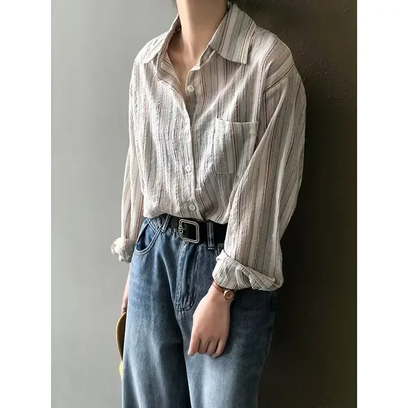 Plus Size Women's Shirt Original Striped Folded Sleeve Spring Summer Long Japanese Style Top Chinese with Pocket |