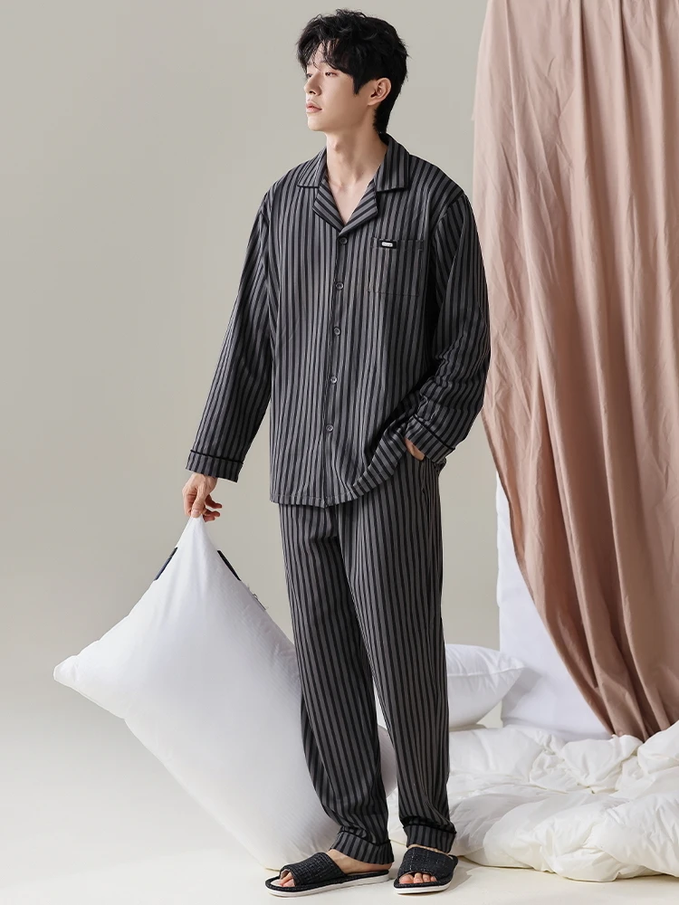 Finteng 2024 Spring and Autumn New Men's Cotton Pajamas Casual Cardigan Long sleeve Set Home Wear Can Be Worn outside