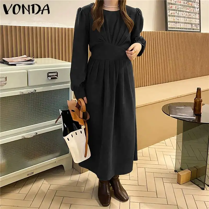 

VONDA Women 2022 Ladies Casual Round Neck Party Dress Women Long Puff Sleeve Baggy Pleated Tunic Vestidos Ladies Loose Sundress