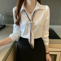 white chiffon tops casual loose office lady shirt fashion plus size sleeve womens clothing lapel long sleeve pullovers