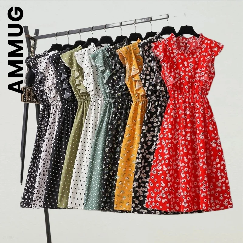 

Ammug Women Fashion Dress Ruffles Knee Length Clothes Red Beach Party Dresses Elegant Korean Dresses Soft Club Female Vestidos