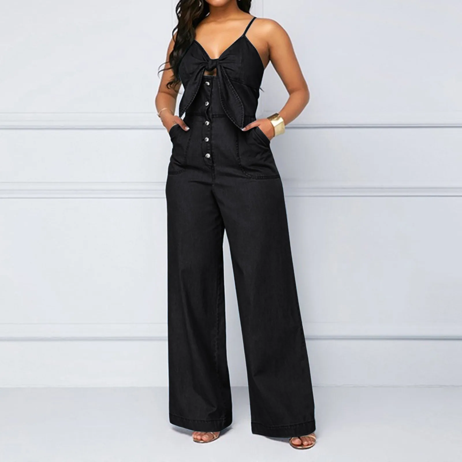 

Wardrobe Womens Casual Loose Sleeveless Spaghetti Strap Wide Leg Pants Denim Jumpsuit Rompers Lace Romper Dress Women