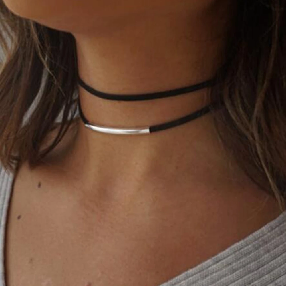 

Velvet Double Black Collar Metal Bending Tube Choker Necklace New Gothic Fashion Charm Collier Women Trendy Jewelry Gift