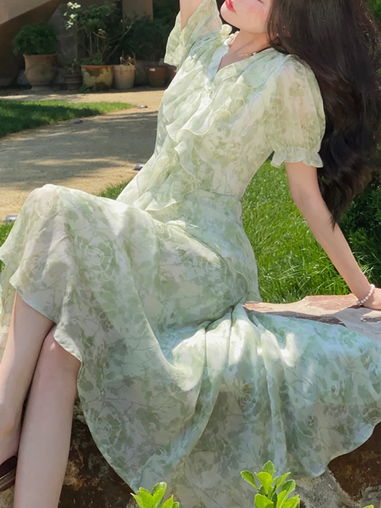 

French Fairy Floral Midi Dress Women Casual Boho Beach Sundress Female Party Elegant Vintage Dress 2022 Summer Korean Clothing