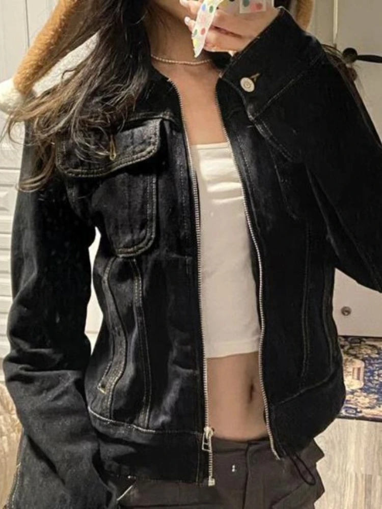 Женская джинсовая куртка на молнии однотонная винтажная в стиле панк с отложным