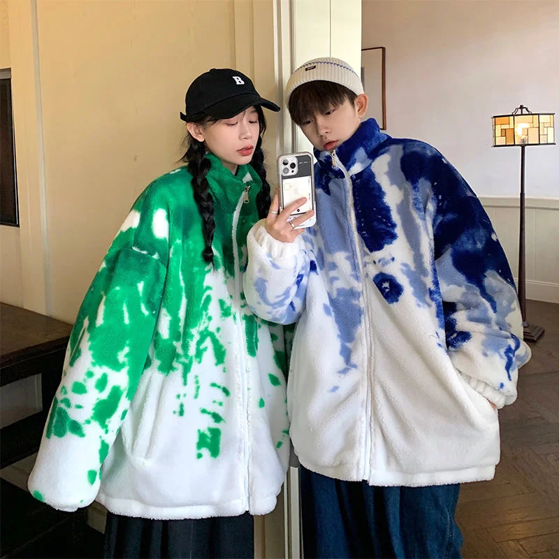 Winter Jacket Men Warm Fashion Tie Dye Thicke Lamb Wool Jackets Mens Streetwear Korean Loose Oversized Short Coat Men Clothes