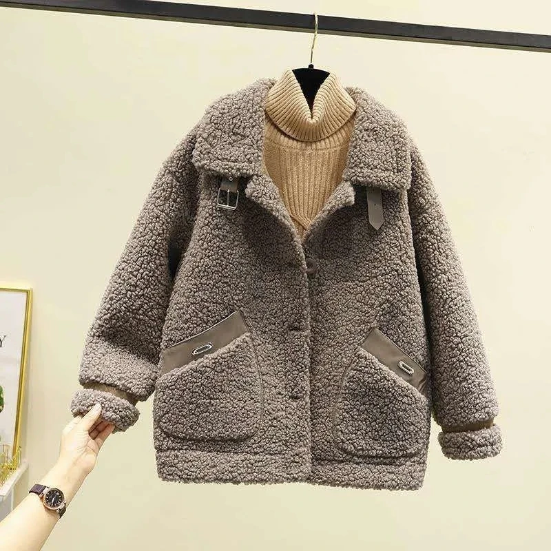 Faux Fur Coat Womens 2022 New Autumn Winter Korean Fashion Loose Thick Warm Grain Velvet Imitation Lamb Plush Fur Jacket Women
