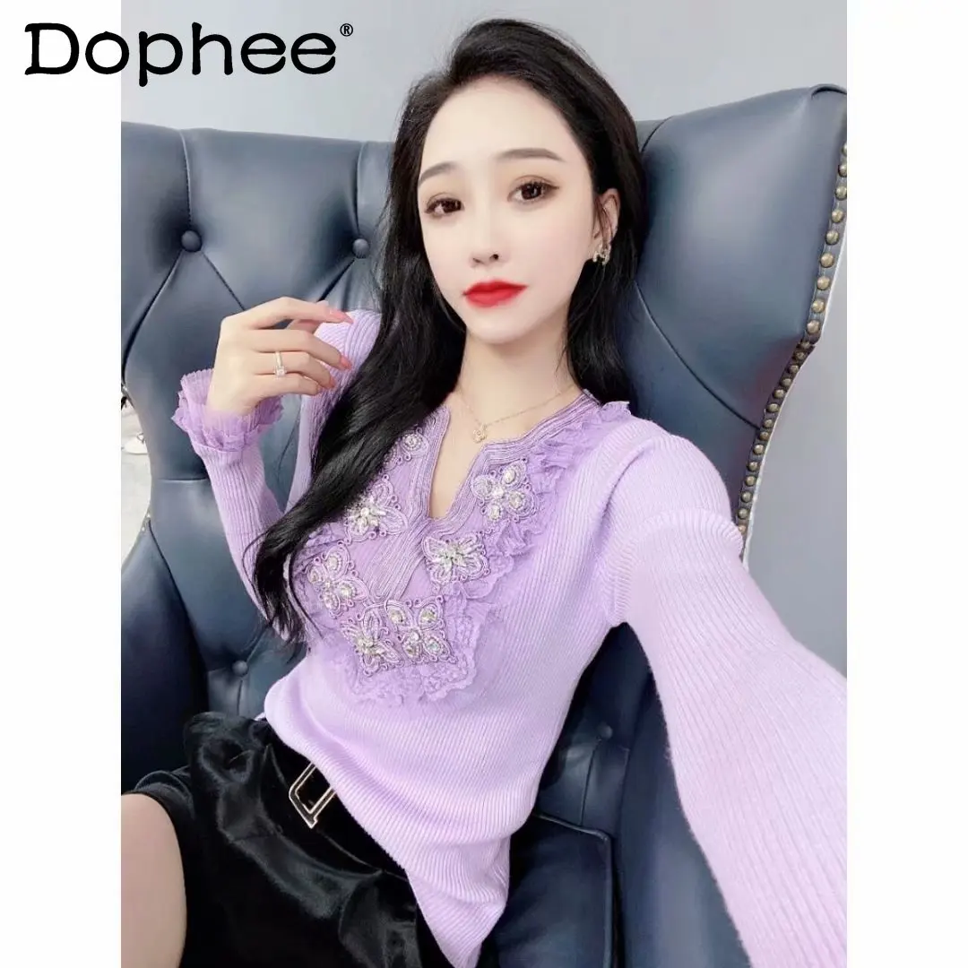 

Высококачественный Изысканный Стразы 3D Цветочный свитер Топ для женщин 2022 Осень Зима Новая одежда приталенный вязаный свитер рубашка