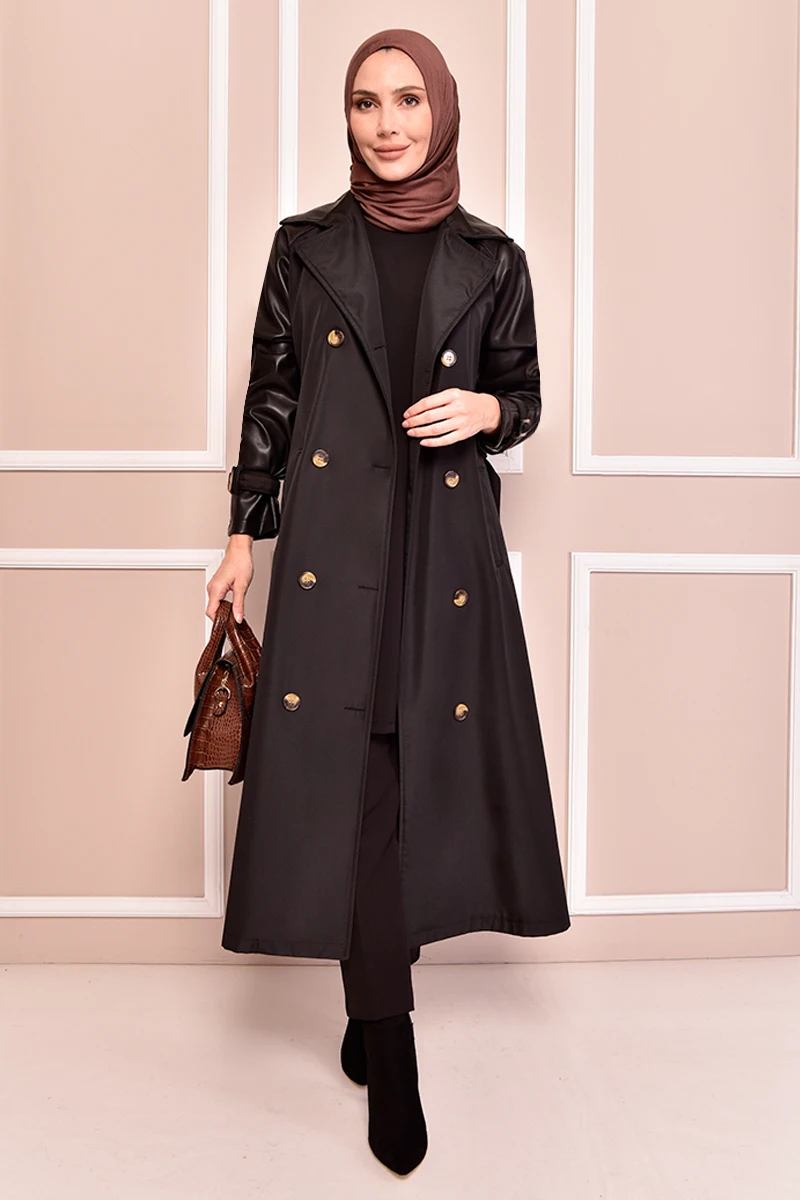 

Belted Trench Coat Dark Black İslamic Woman Jacket Muslim Turkish Veiled Clothes Women's Coats Women's Jackets Coat NYX2095