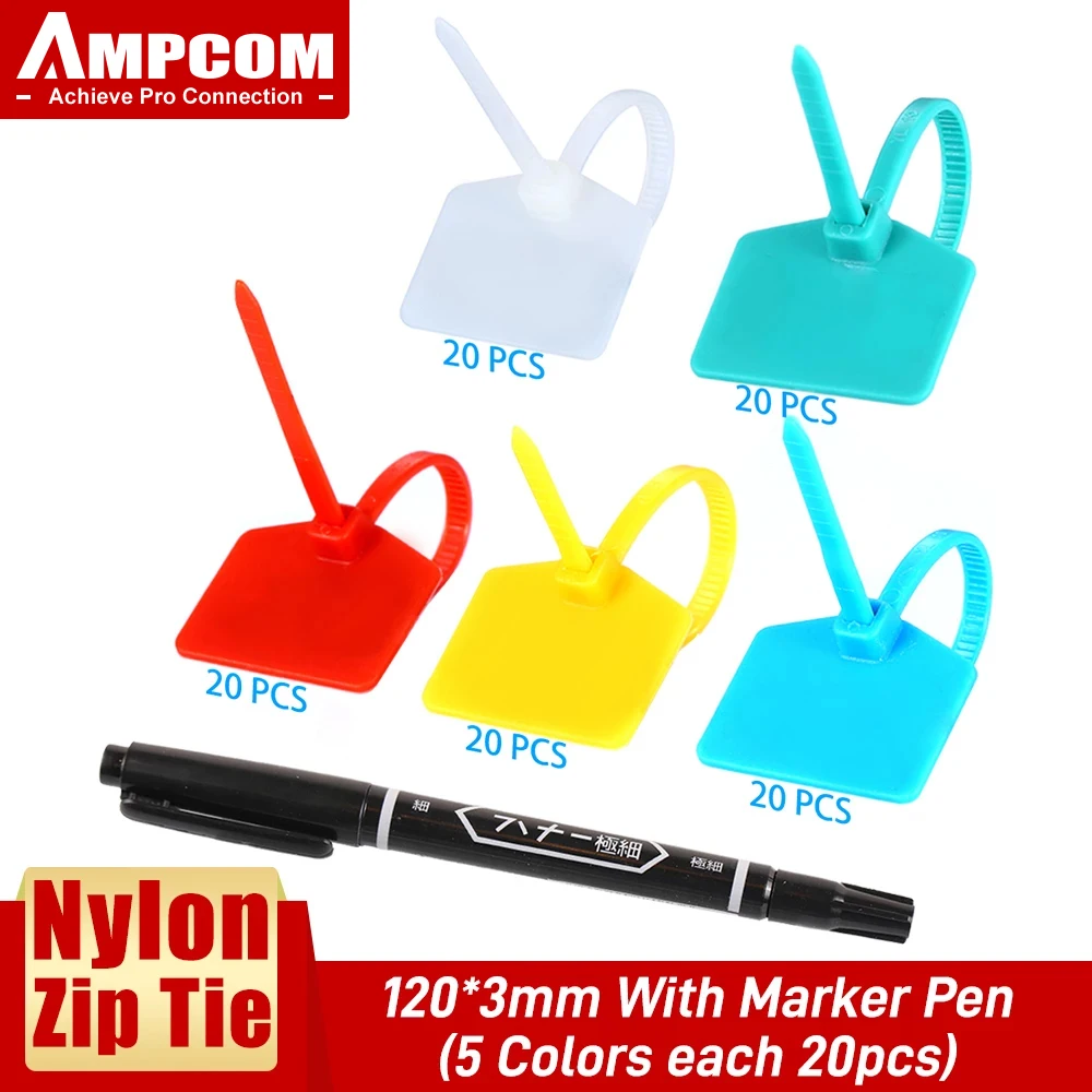 AMPCOM Nylon Cable Zip Ties with Marker, Self-Locking Written-on Cable Mark Ties 4.72 in - 5 Colors/ 100PCS