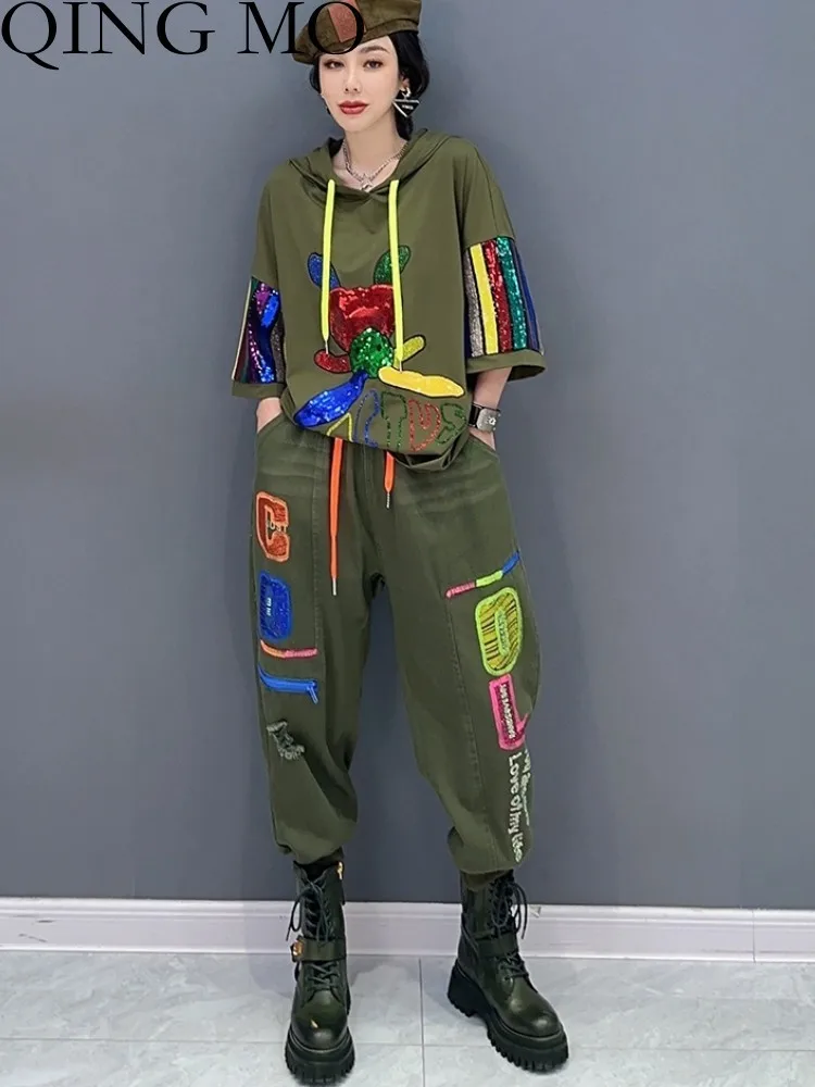 

QING MO 2023 Spring Summer New Fashion Hoodie + Casual Pants Two-piece Set Women Streetwear Green ZXF2212