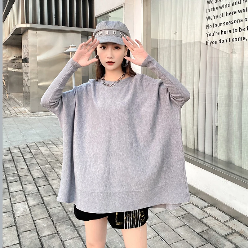 221049 Big Size Knitting Sweater Loose Fit  slash Neck Long Sleeve Women Pullovers Solid Color New Fashion Tide Spring Autumn