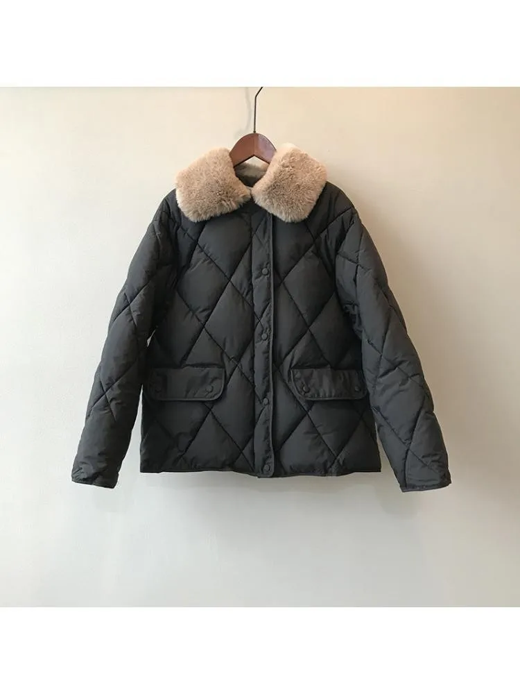 Imitation Rabbit Fur Collar Polyester-Padded Short Black Parkas Women 2022 Winter Korean Version Loose Warm Bread Coats Jackets