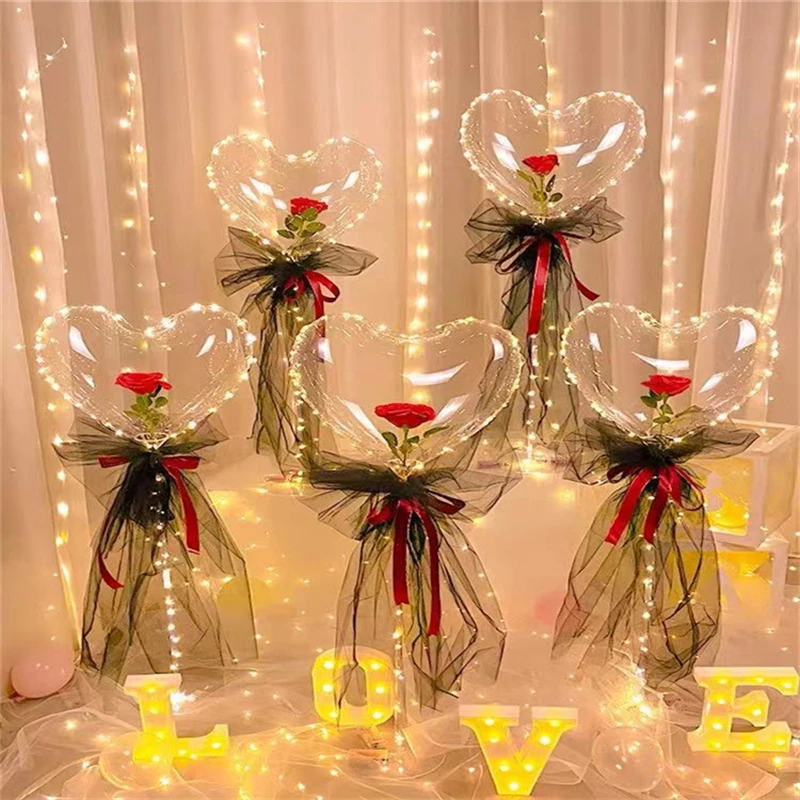 

Valentine's Day Gift Bobo Balloon Heart-shaped Rose Flower Bouquet Balloon with LED Light Send Girlfriend Birthday Wedding Party