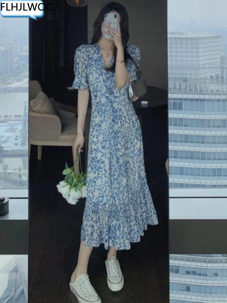 

Korea Chic Dress 2022 Summer Holiday Date Girls V Neck Draped Sweet Romantic Floral Printed Women Long Dresses Vestidos