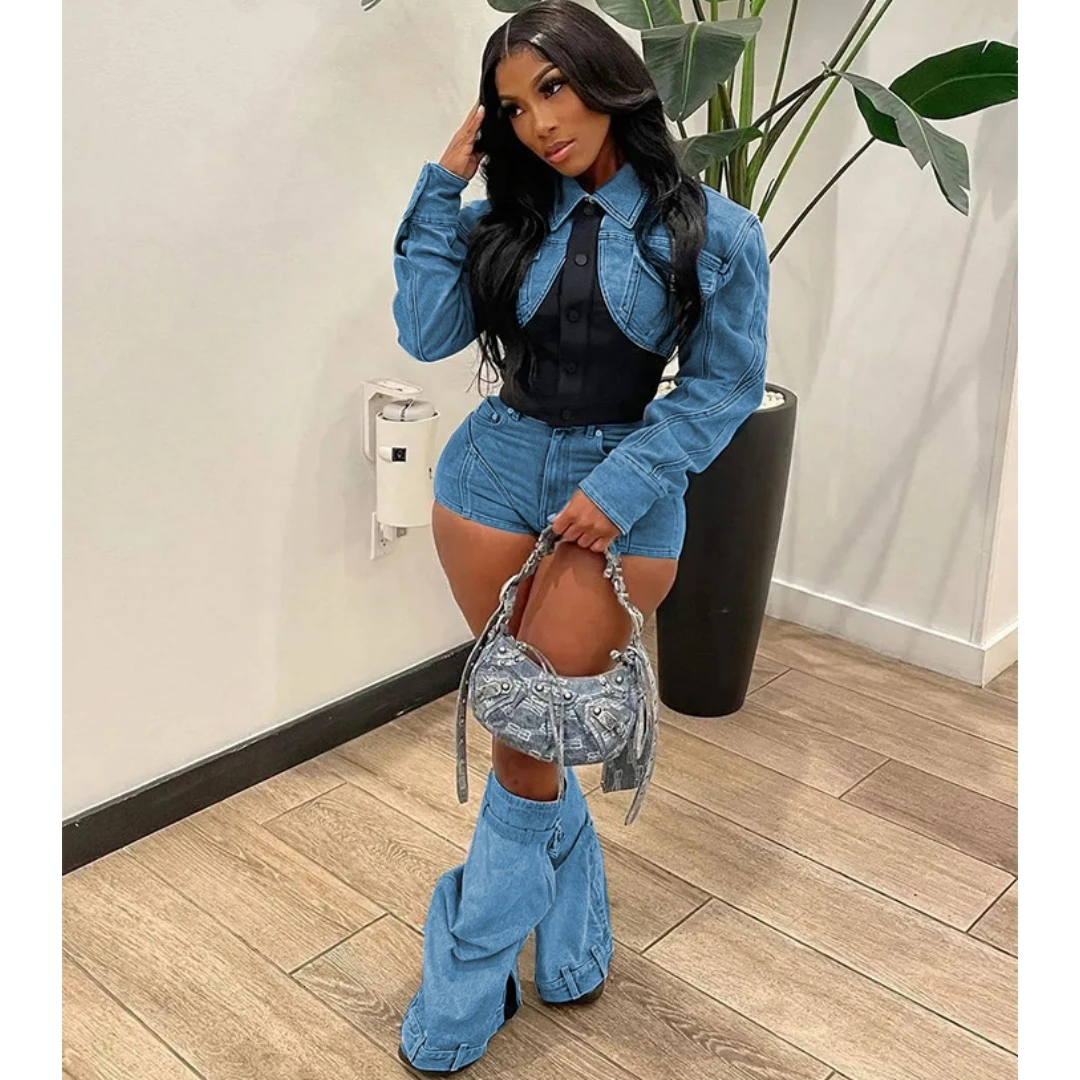 

Sexy Denim Y2K Streetwear Two Pieces Sets Women Clothes Biker Patchwork Jacket Shorts Jean Suits 2023 Summer Matching Outfits