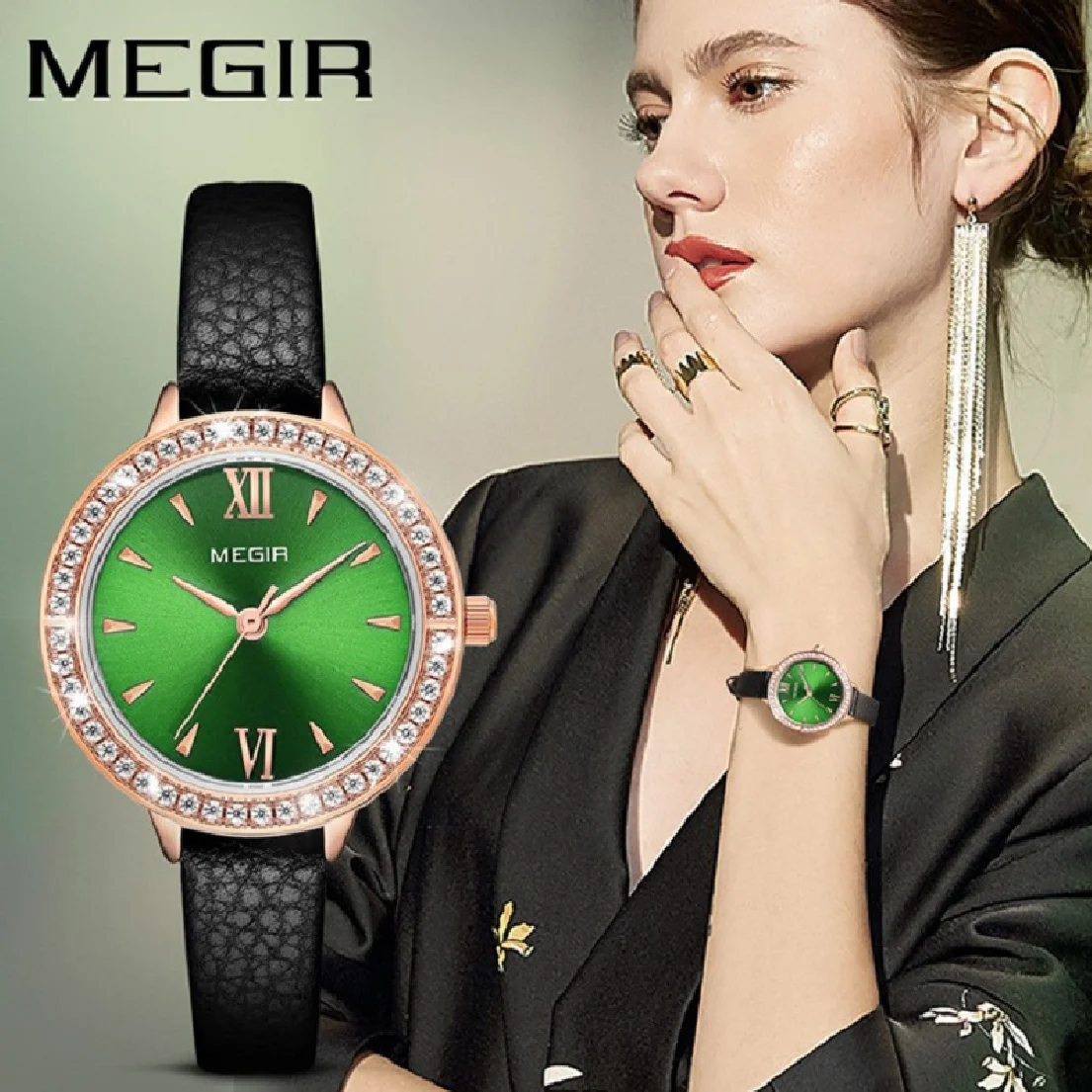 

Часы MEGIR женские с кожаным ремешком, оригинальные модные наручные, с зеленым циферблатом, со стразами