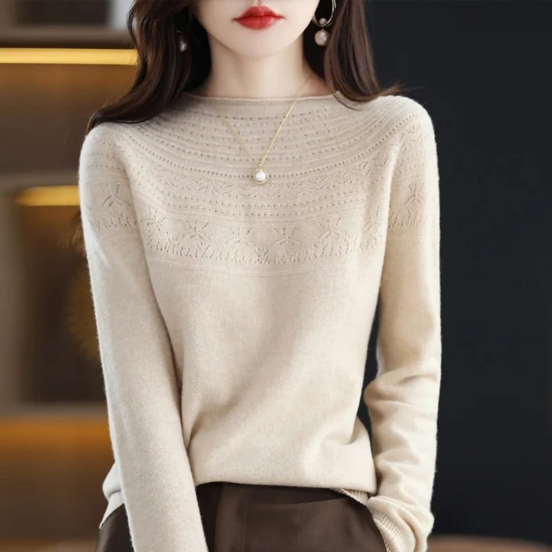 

NEW Trendy Style One-Line Ready-To-Wear Pure Wool Sweater Women's Hollow Knitted Pullover Autumn Winter Rolled Edge O-Neck Top