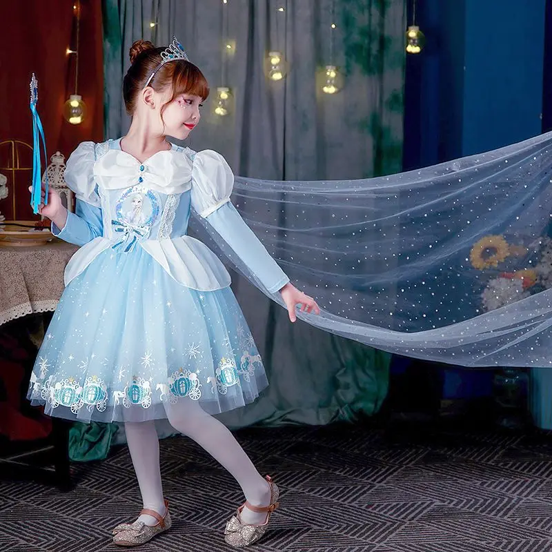 Летнее милое платье принцессы Эльзы Disney с коротким рукавом/длинным рукавом для