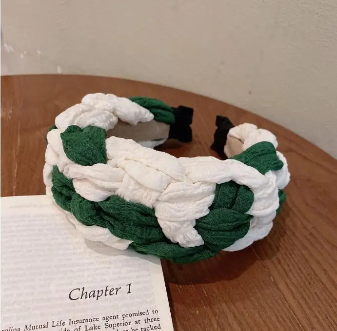 

Japan Korea wide-brimmed braided twist hairbands high-end retro ins green striped color matching hair accessory