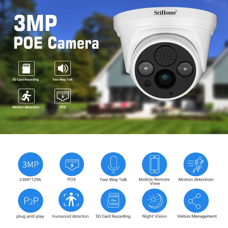 

Srihome SH030B 3.0MP POE IP Camera WIFI Smart Home Security Protection Alarm Notification Push Video Surveillance CCTV Cameras