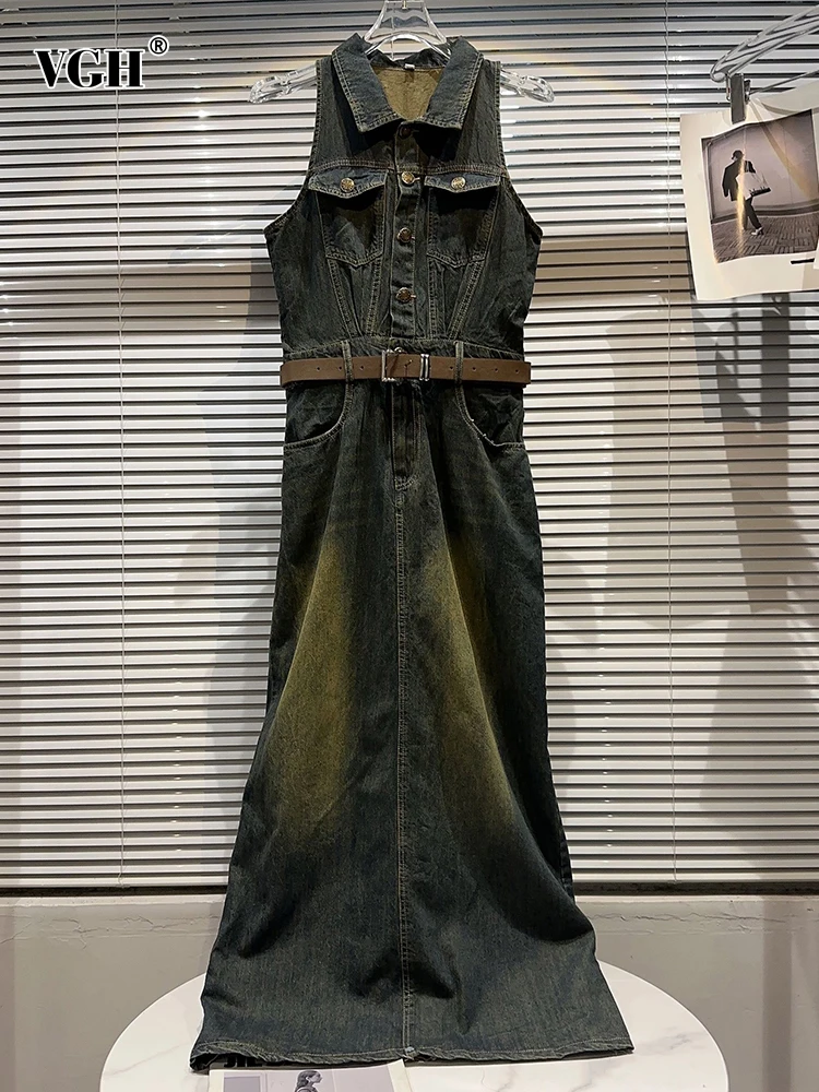 

Женское джинсовое платье с поясом VGH, винтажное лоскутное платье без рукавов с отложным воротником и высокой талией, двубортное платье с разрезом, женское стильное платье