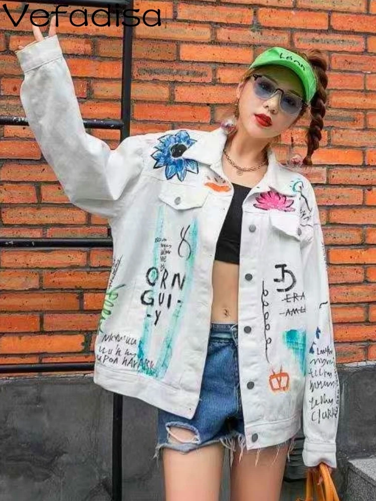 

Vefadisa 2023 Autumn Fashion Women Long Sleeves Denim Coat Loose Wild Leisure Letter Printing Graffiti Coat Denim Top LHX1097