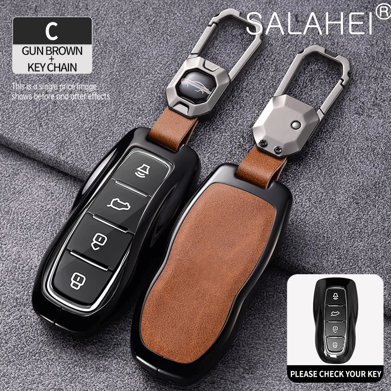 

Zinc Alloy Leather Car Smart Remote Key Case Cover Protector Holder Shell Bag For Ford Territory EV Keyles Keychain Accessories