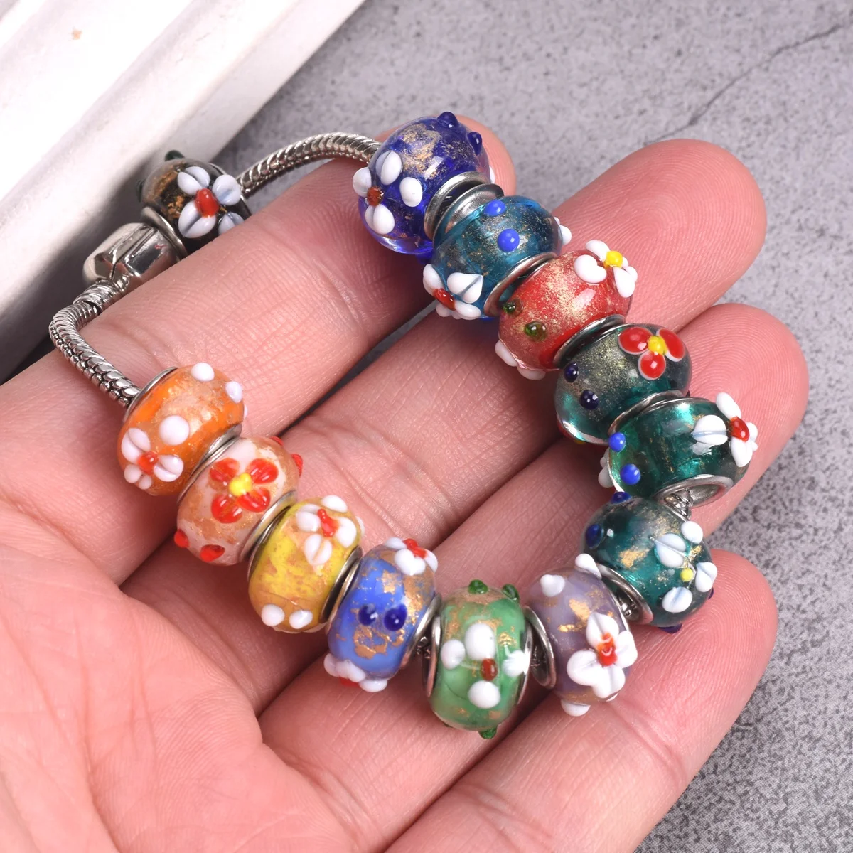 5pcs 15mm Handmade Flower Rondelle European Charms Murano Lampwork Glass Big Hole Beads For Jewelry Making DIY Bracelet Findings