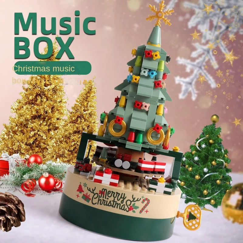 

zq Christmas Tree Building Blocks Rotating Music Box Building Blocks Boys and Girls Assembled Toy Decoration Christmas Gifts