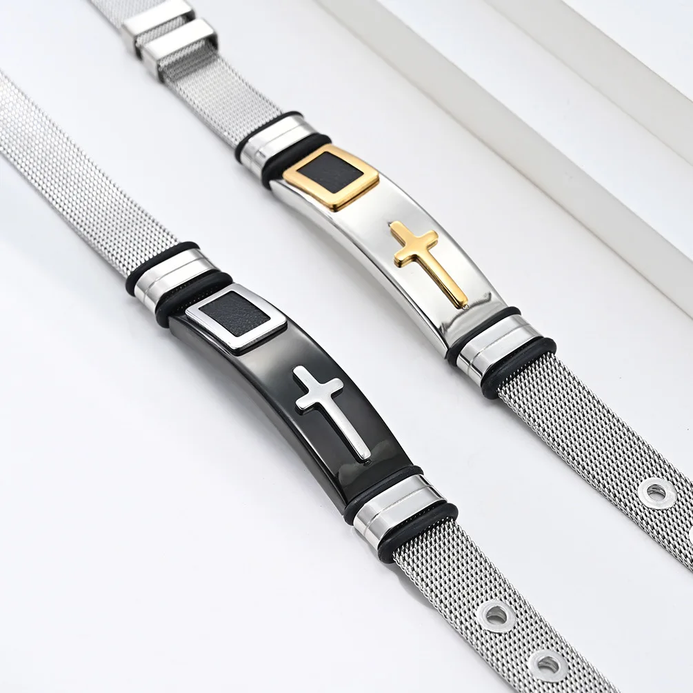 10мм Крестовая Молитва Сетчатый Браслет из Нержавеющей Стали Ремешок для Часов Цепь Браслета на Руку Длина Регулируемая.
