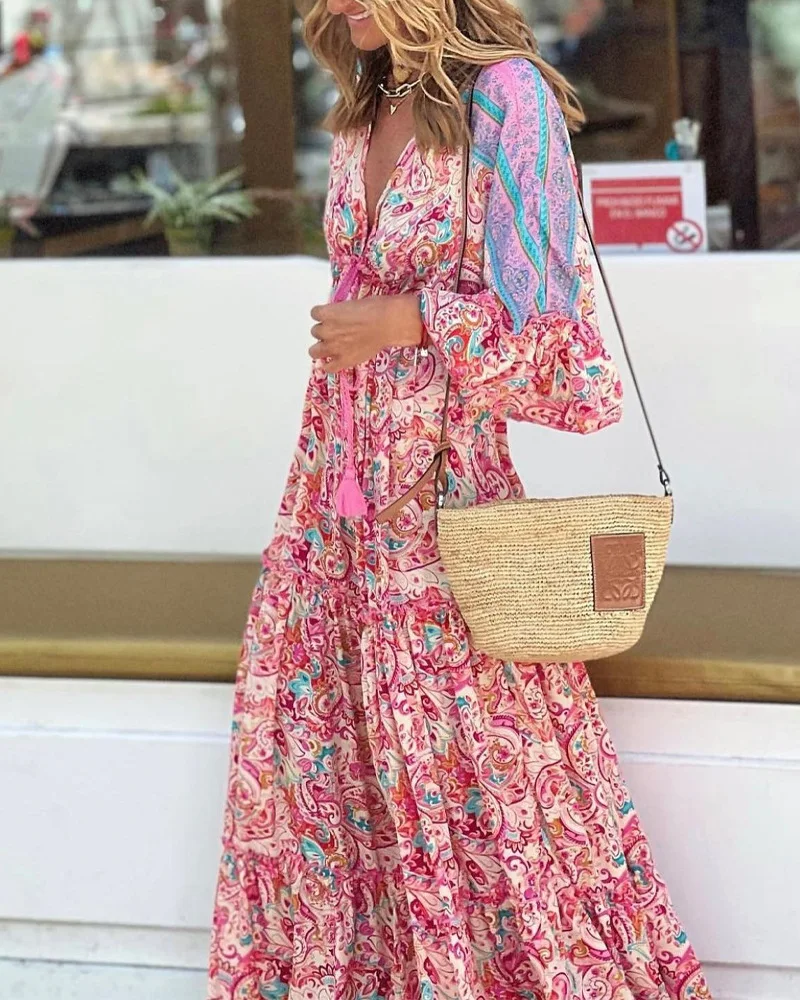 

Женское платье в стиле ретро, Длинное свободное платье-трапеция с цветочным принтом, бахромой и длинным рукавом, с высокой талией и V-образны...