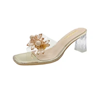 women summer crystal transparent thick heel slippers square toe crystal flower pvc sandals versatile ladies high heels shoes