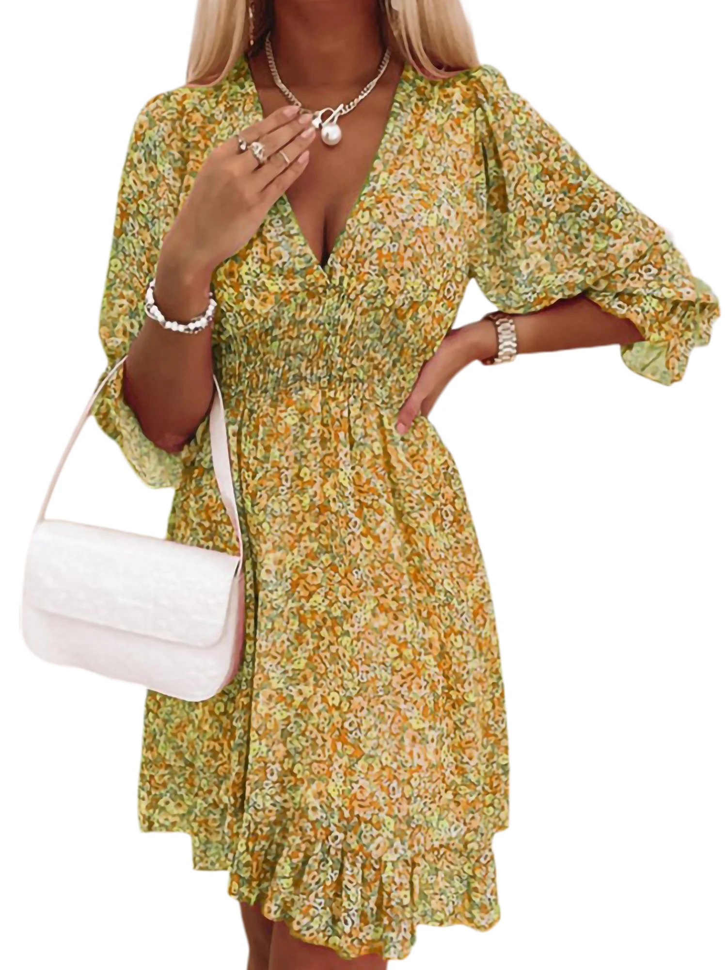 

fashion vintage womens boho sleeve floral dress Hlaf Sleeve Ruffle V-Neck Mini Dress