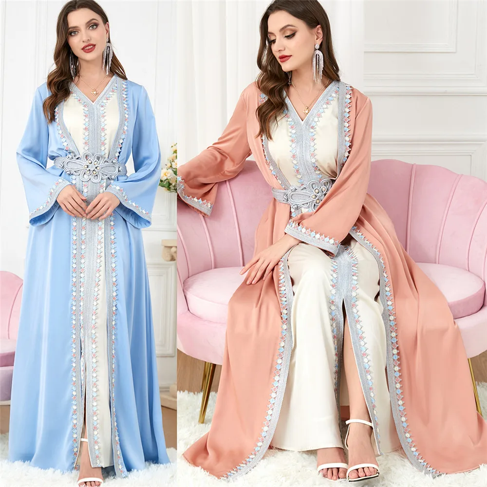 

2 Piece Set Ramadan Abaya Modest Islamic Women Dresses V-Neck Lace Tape Belted Kaftan Cardigan Muslim Dresses Moroccan Jalabiya