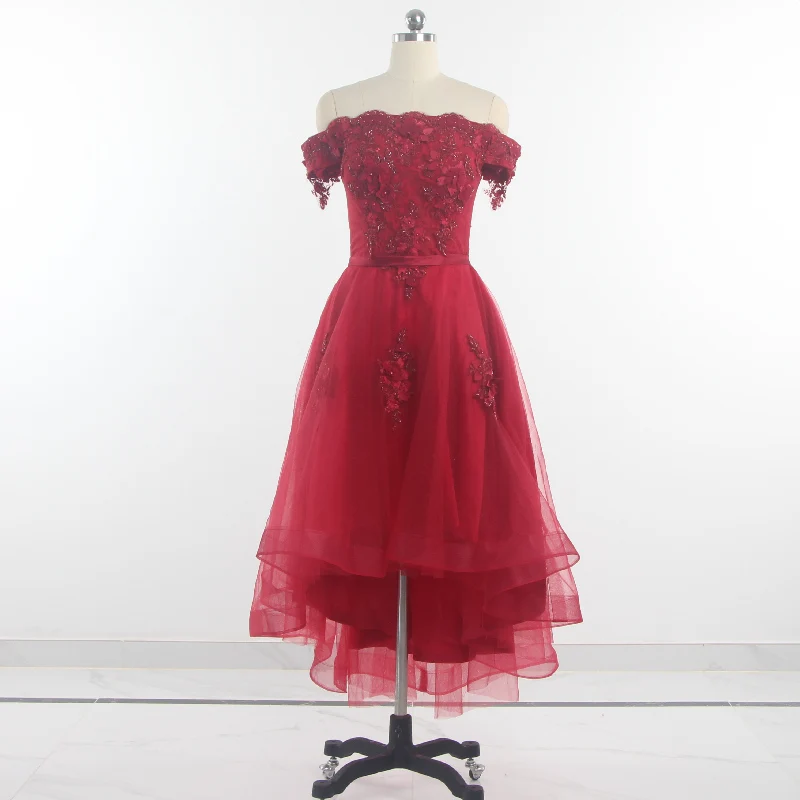 

Evening Dresses Burgundy Off the Shoulder Appliques Asymmetrical Lace up Plus size 2022 women Party Formal Dress H063