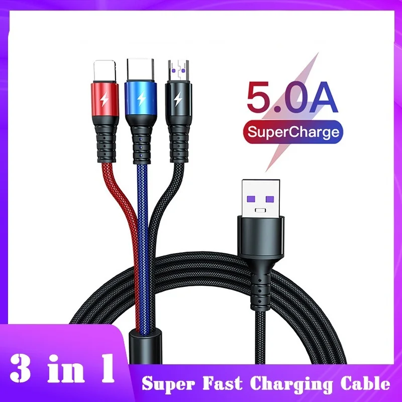 

Сверхбыстрый зарядный кабель 3 в 1 для IOS Micro USB Тип C, зарядный кабель, провод для IPhone Huawei Android Samsung 5A, кабель для передачи данных