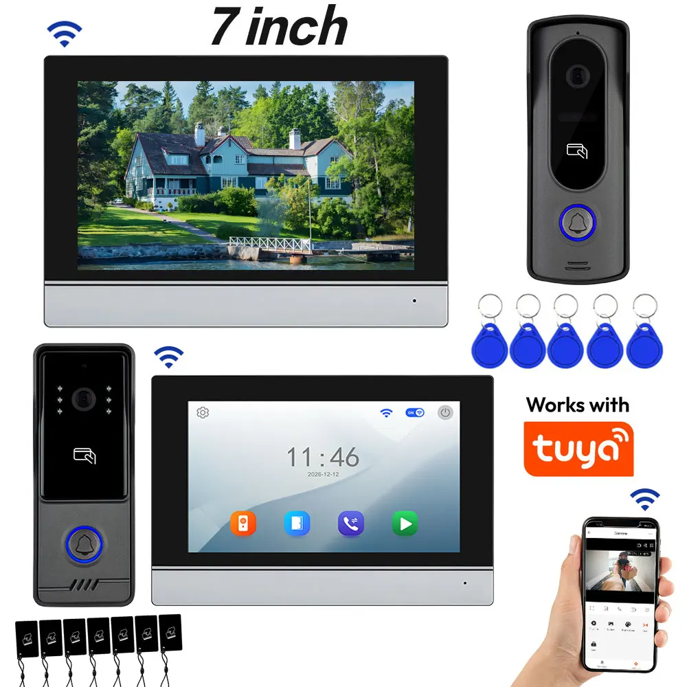 Фото Видеодомофон Tuya Wifi с 7-дюймовым HD-монитором, 4-проводным подключением, RFID, металлической ИК-камерой, двусторонней аудиосвязью и разблокировкой через приложение №1