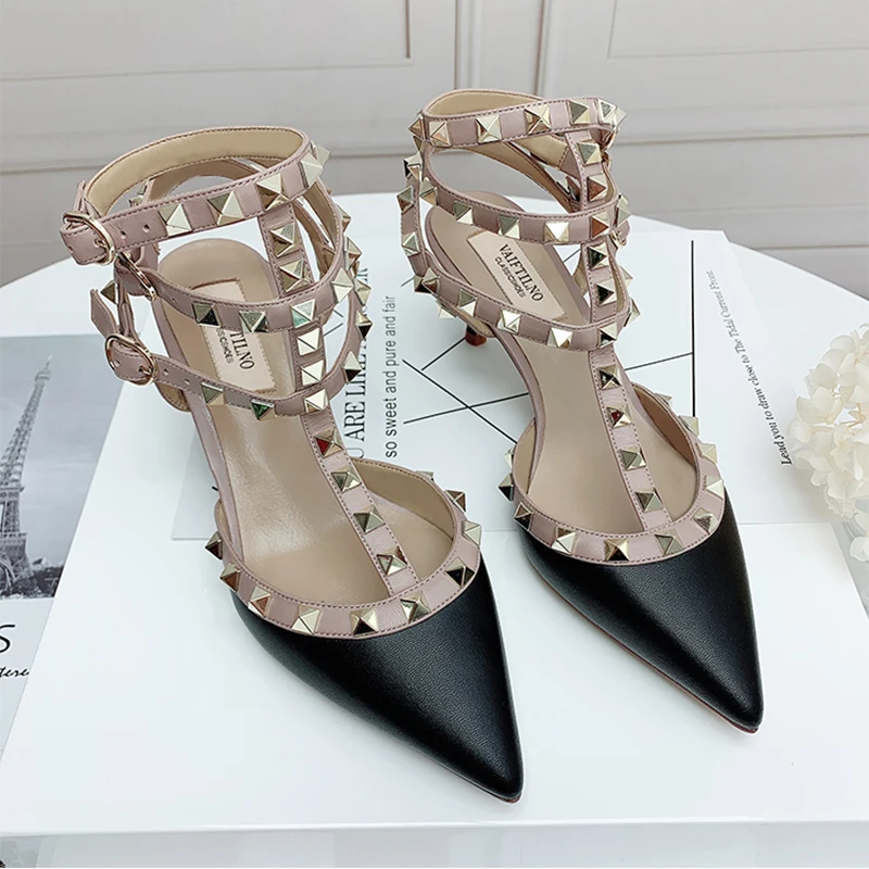 Summer Pointy Sexy Women's Strapping Sandals Leather Matte Roman Metal Rivet High Heels Party Versatile Women's Stiletto Shoes41