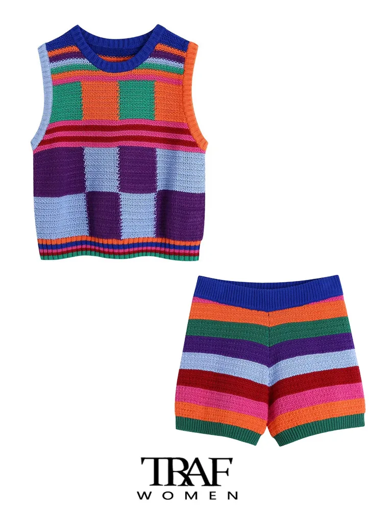 

TRAF Women Fashion Check Crop Knit Vest Sweater Vintage O Neck Sleeveless Female Waistcoat Chic Tops