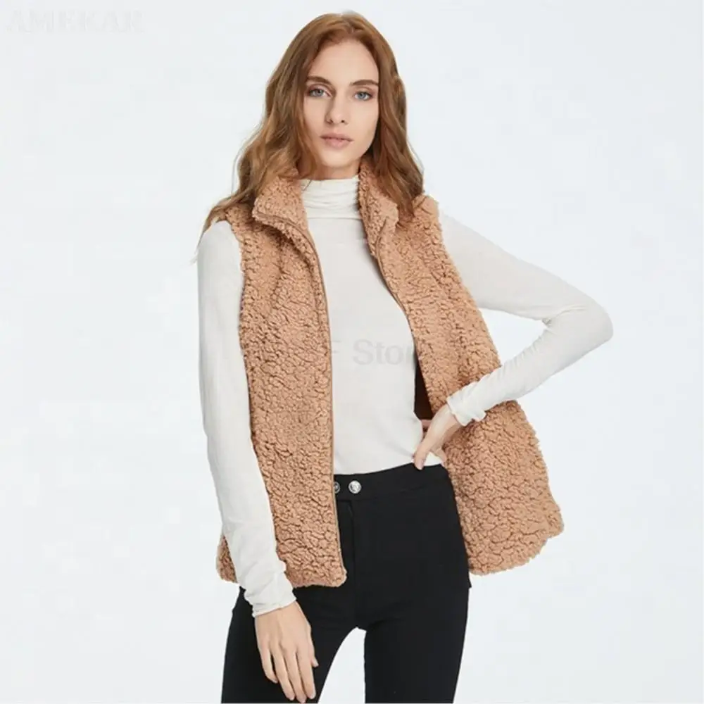 Women Fleece Real Fur Vest Coat Sleeveless Pocket Casual Fashion Short Waistcoat Pure Color Zipper Winter Warmth Fur Jackets