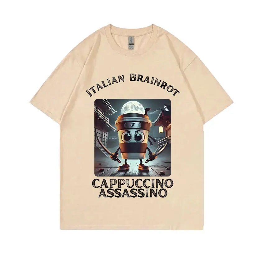 Фото Итальянская футболка Brainrot Cappuccino Assasino, забавная футболка с мемом для мужчин и женщин, повседневная футболка с шуткой и юмором, винтажные футболки унисекс большого размера №5