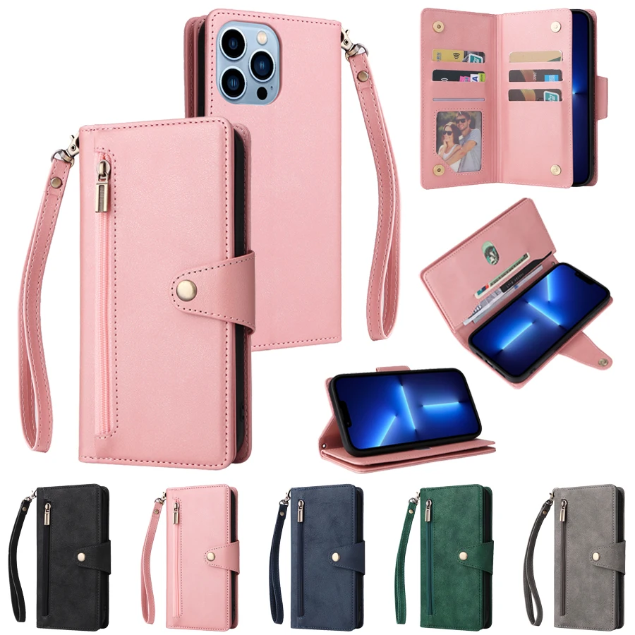 

Wallet Rivet Buckle Zipper Leather Case For iPhone 14 Pro Max SE 2022 13 Pro Max 12 Pro Max 11 Pro Max X XR XS Max 8 7 6 6S Plus