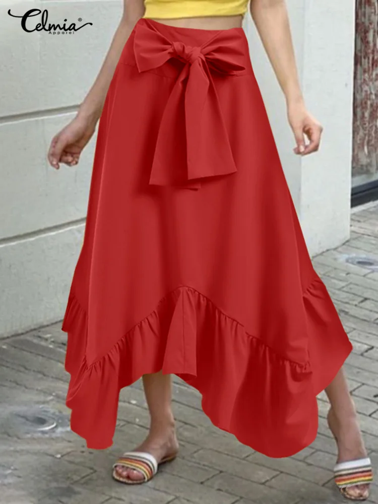 

Celmia Casual Pleated Party Maxi Skirt Women Umbrella Skirt Summer Irregular Ruffle Hem Jupes Elegant High Waist Bowknot Faldas