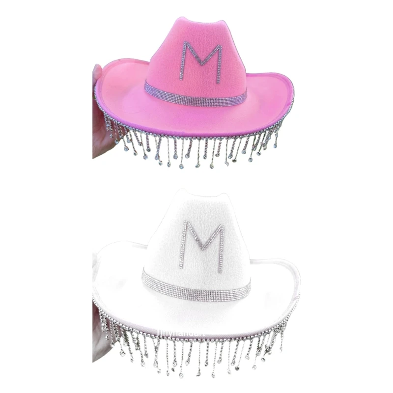Q1FA Summer Cowgirl Hat with Shinning Dangle  Hat for Wedding Party