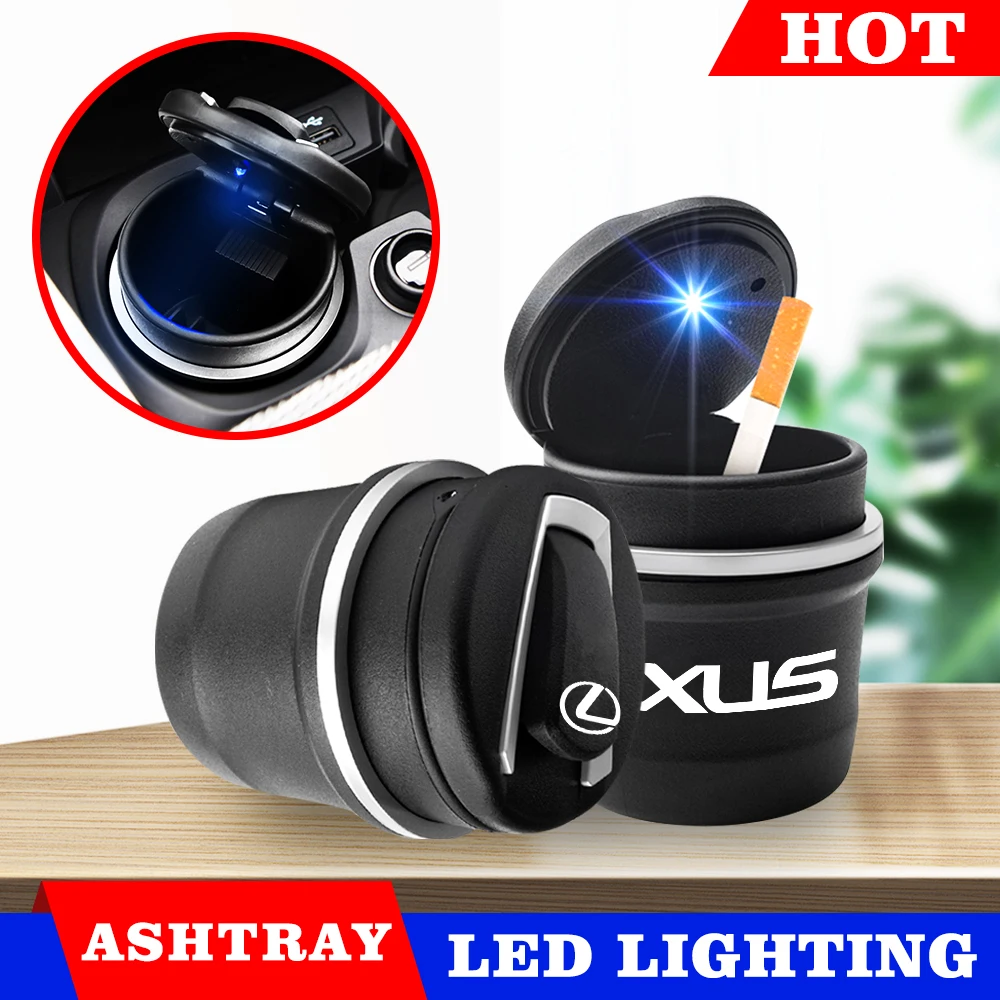

Car Logo LED Lights Ashtray with Lid Item Storage Cup Sticker Accessories For Lexus IS300H GX460 RX400h Ct200h GS GX Fsport NX