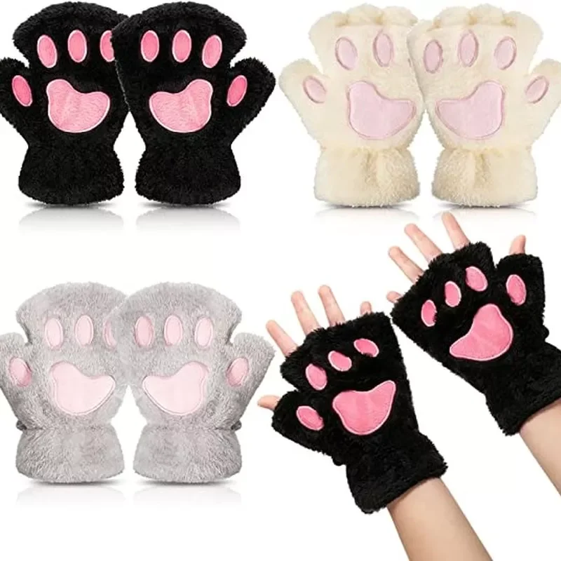 

Women Girls Lovely Winter Warm Fingerless Gloves Fluffy Bear Cat Plush Cute Paw Claw Half Finger Halter Gloves Mitten New