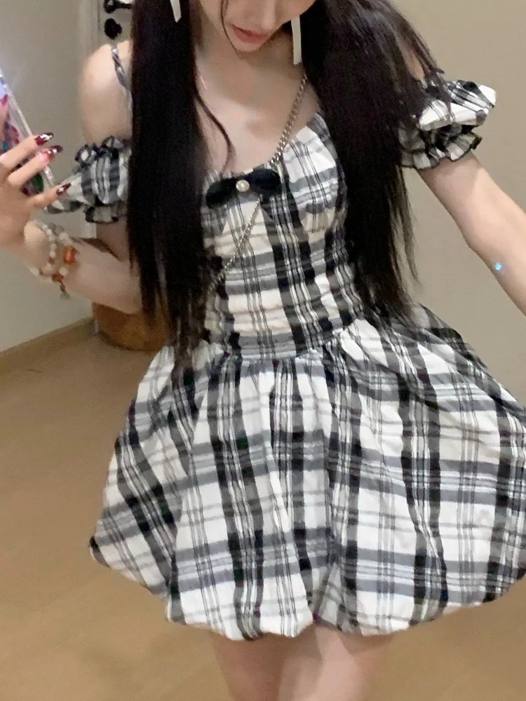 

2023 New Summer Kawaii Sweet Plaid Dress Women Korean Style Elegant Party Mini Dresses Bubble Sleeve Casual Princess Fairy Dress