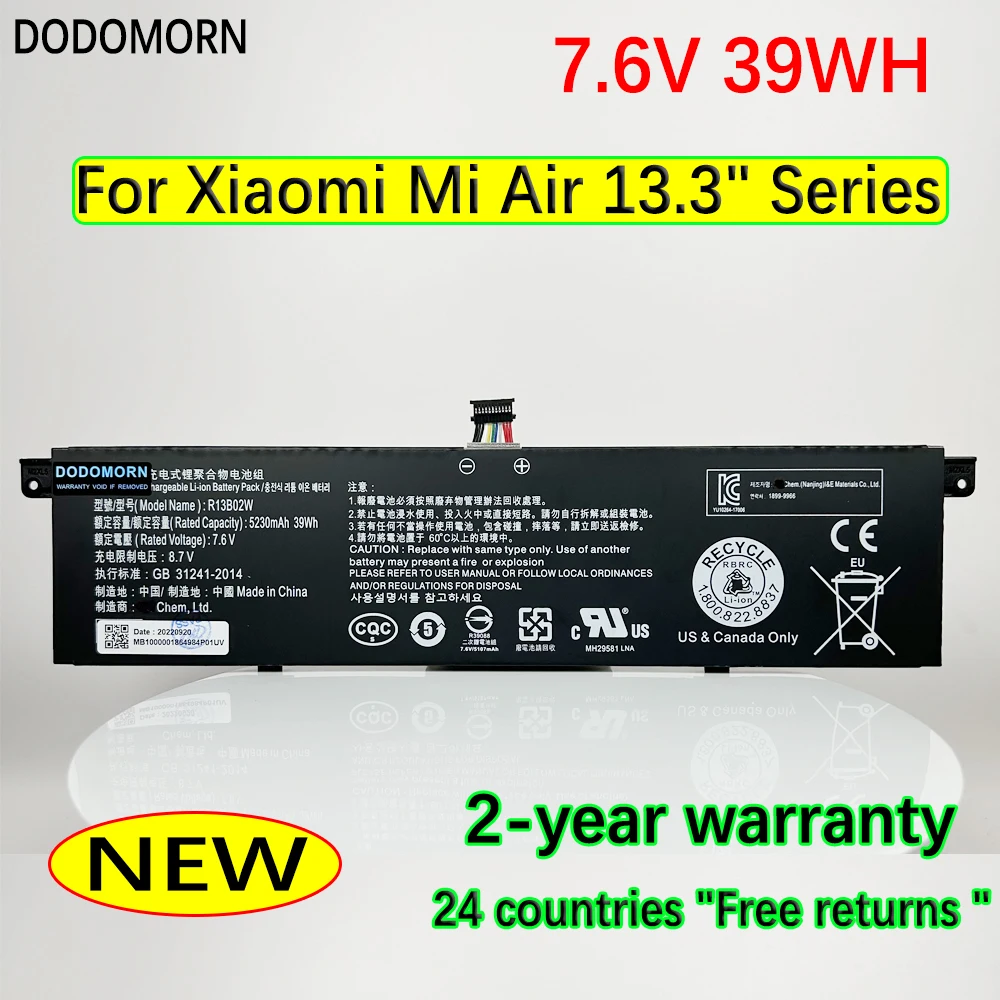 DODOMORN 5230mAh New R13B01W R13B02W Laptop Battery For Xiaomi Mi Notebook Air 13.3" Series Tablet PC 7.6V 39Wh